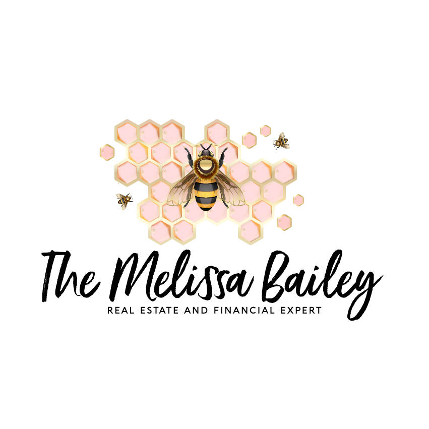 The Melissa Bailey Logo is a pink and gold honeycomb with a bee in the center and The Melissa Bailey writter in a script font at the bottom. the tagline beneath says: Real Estate and Financial Expert.